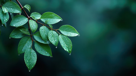 A stunning close-up of fresh green leaves adorned with water droplets, set against a dark backdrop, evoking tranquility and the beauty of nature in its purest form.の素材
