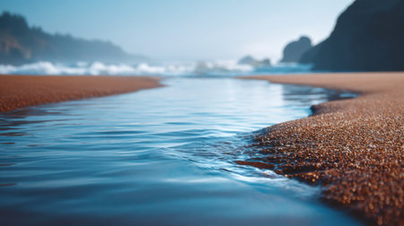 A tranquil scene of gentle ocean waves meeting a sandy beach at dawn. Soft light and calm waters create a serene atmosphere, perfect for relaxation and peace.の素材
