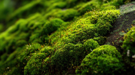 Close-up view of lush green moss covering rocky surface, illustrating the beauty of nature. Perfect for projects focused on tranquility, natural landscapes, or eco-friendly themes.の素材