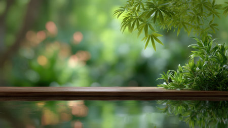A beautiful nature scene featuring bright green leaves and a wooden surface, creating a serene atmosphere perfect for relaxation and calm settings. Ideal for wellness themes.の素材