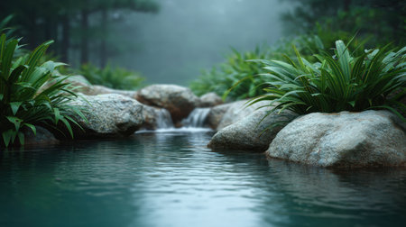 A serene stream flows gently over smooth rocks, surrounded by lush greenery and misty fog. This peaceful nature scene invites relaxation and contemplation.の素材