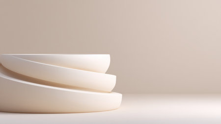 This modern minimalist display stand features elegant curved layers in a soft cream color, ideal for showcasing products creatively in clean, sophisticated spaces.の素材
