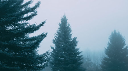 A tranquil image showcasing evergreen trees shrouded in mist, creating a serene and atmospheric landscape filled with cool tones, perfect for nature lovers.の素材