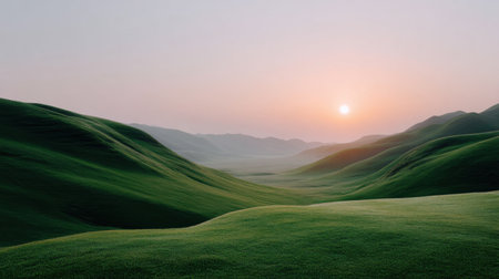 A stunning landscape capturing the beauty of rolling green hills at dawn. Gentle sunlight warms the vast valley, creating a serene and tranquil scene in nature.の素材