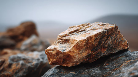 A close-up image of a brown and grey rock set against a blurred natural landscape, emphasizing the rock's texture and the tranquility of the environment.の素材