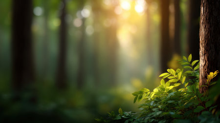 A serene forest scene showcasing sunlight filtering through lush green leaves and illuminating a tree trunk, creating a peaceful outdoor atmosphere in nature.の素材
