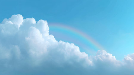 A captivating image showcasing a bright blue sky adorned with fluffy white clouds and a vibrant rainbow, creating a serene atmosphere of natural beauty.の素材