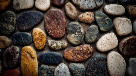 Close-up view of an assortment of smooth natural stones showing a variety of colors and textures, perfect for artistic projects or decorative uses in various designs.の素材