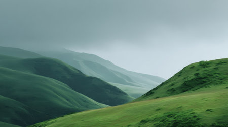Experience a tranquil landscape featuring rolling green hills under a moody overcast sky, perfect for evoking nature's beauty and encouraging exploration.の素材
