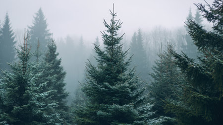 A breathtaking view of a misty forest featuring towering evergreen trees, creating a calm and tranquil atmosphere. Perfect for nature lovers and adventure seekers.の素材