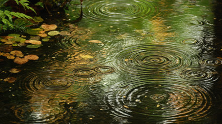 A close-up view of ripples forming on the surface of still water, surrounded by vibrant greenery and scattered autumn leaves, evoking a serene and tranquil atmosphere.の素材