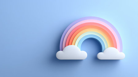 A vibrant, colorful rainbow with soft clouds set against a serene light blue background. Perfect for design, illustration, and creative projects promoting joy and happiness.の素材
