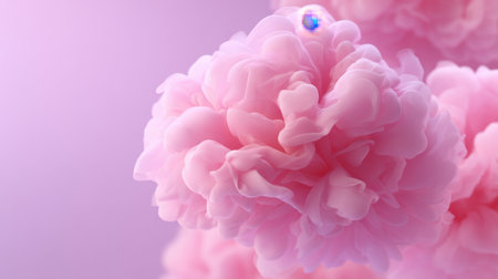 A close-up view of delicate pink flower petals creates a dreamy scene against a soft purple backdrop, capturing beauty and tranquility in nature's artistry.の素材