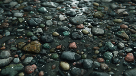 A close-up image of colorful smooth pebbles resting on wet ground, showcasing water droplets that reflect natural light in an outdoor setting.の素材
