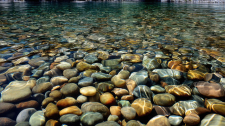 This stunning image captures a vibrant underwater view showcasing smooth pebbles resting on the lakebed, highlighted by gentle sunlight reflections, creating a peaceful ambiance.の素材