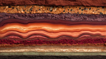 This captivating image features a geological cross-section showcasing vibrant layers of natural rock formations, capturing the beauty and diversity of earth's crust in rich hues.の素材