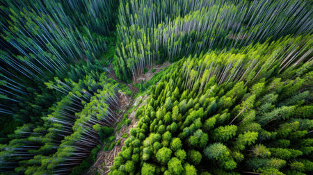 Captured from above, this stunning aerial view depicts a dense bamboo forest, where slender stalks create a vibrant green sea, evoking feelings of tranquility and peace.の素材