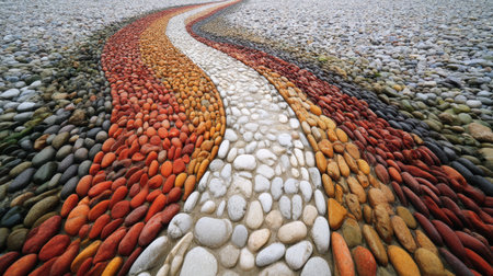 A vibrant and artistic pathway made of colorful pebbles leading through a stunning natural landscape. This image captures the beauty and diversity of nature's textures and colors.の素材