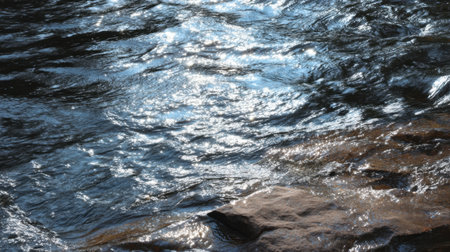 Experience the serene beauty of shimmering water reflections on a rocky shoreline under the warm sunlight. This peaceful scene evokes a sense of tranquility in nature.の素材
