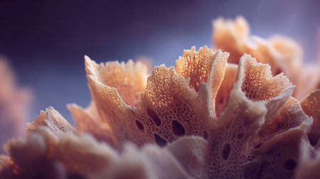 This close-up image captures the intricate texture of coral structures, showcasing natural patterns and soft details within an underwater environment illuminated by gentle light.の素材