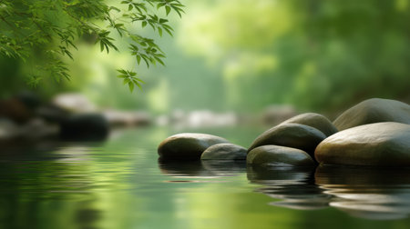 A serene river scene featuring smooth stones resting on the water's edge, surrounded by lush greenery and gentle sunlight, creating a peaceful atmosphere for relaxation.の素材