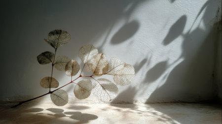 A beautiful arrangement of delicate skeleton leaves creates intricate shadows against a white background. This natural display enhances any space with its organic aesthetic.の素材
