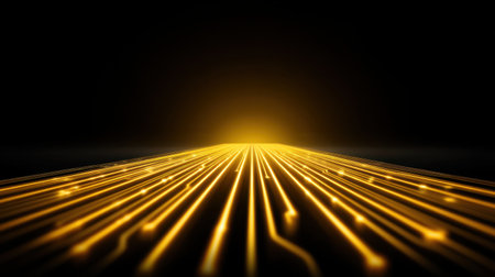 This abstract image features golden light rays extending into darkness, symbolizing innovation and technological progress in a captivating visual.の素材
