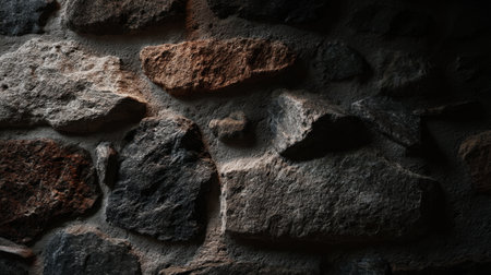 This image showcases a beautifully textured stone wall featuring a mix of dark and light stones, perfect for design projects requiring rugged backgrounds or architectural inspiration.の素材