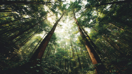 Explore the serene beauty of a lush green forest as sunlight filters through tall trees, creating a tranquil atmosphere perfect for nature lovers and adventure seekers.の素材