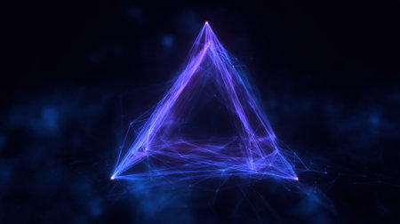Stunning abstract triangle structure radiating purple light in a dark digital environment, symbolizing creativity and modern technology in a captivating visual.の素材
