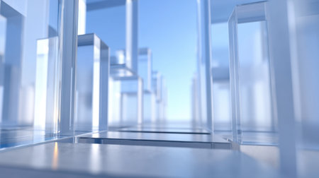 This abstract image features glass structures in a futuristic setting, reflecting light and creating a serene architectural landscape. Ideal for modern design themes.の素材