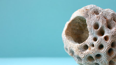 This image features a distinctive coral structure with intricate holes and textures, set against a soft blue background, ideal for marine life and ocean conservation projects.の素材