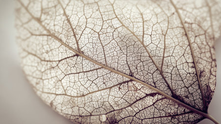 An exquisite close-up of a delicate dry leaf revealing intricate veins and textured surface. Ideal for nature-themed designs, art projects, and organic backgrounds.の素材