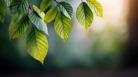 Discover the serene beauty of vibrant green leaves illuminated by soft natural light against a blurred background, perfect for nature and gardening themes.の素材