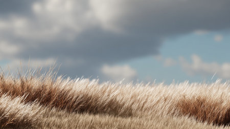 A serene landscape features soft, fluffy grass swaying under a dramatic sky filled with clouds and a bright blue backdrop, embodying the beauty of natureの素材