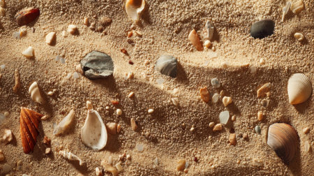 A stunning close-up of a sandy beach featuring a variety of seashells and stones, creating a serene and tranquil environment perfect for relaxation and natural beauty.の素材