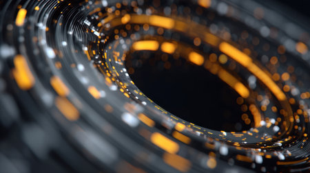 This abstract image showcases a vibrant circular design with glowing particles and intricate lines, creating a stunning digital vortex effect against a dark backdrop.の素材