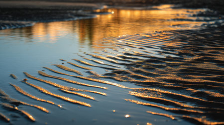 A serene view of water ripples reflecting golden hues of a sunset, creating textured patterns on the beach shoreline, capturing the beauty of nature's tranquility.の素材