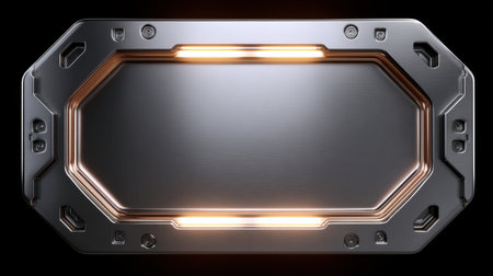 This image features a futuristic metallic panel with glowing lights on the edges, perfect for use in technology, gaming, or modern design projects needing a sleek backdrop.の素材