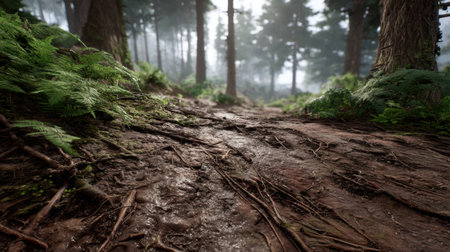 Explore a tranquil forest pathway adorned with lush foliage and soft sunlight filtering through tall trees, creating a serene and peaceful natural environment.の素材