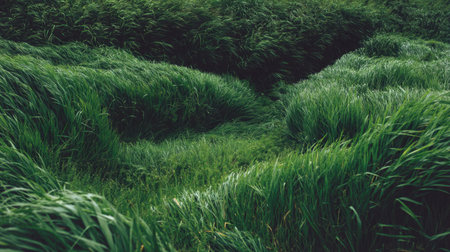 Explore a vast green meadow with soft curves and waves of grass, creating a serene landscape perfect for nature lovers and outdoor enthusiasts.の素材