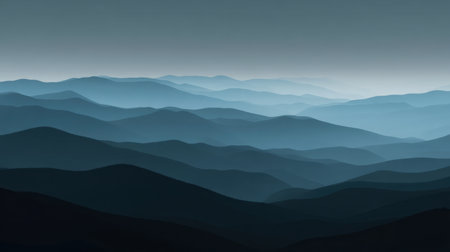 A tranquil view of layered mountains in shades of blue, capturing the essence of dawn with soft light and gentle color transitions, perfect for serene projects.の素材