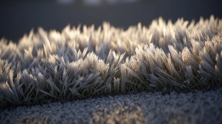 This captivating close-up image showcases frosted grass blades sparkling in the morning light. The intricate ice crystals create a stunning winter landscape, highlighting nature's beauty.の素材