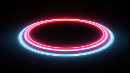 Stunning neon light circle in red and blue hues against a dark background, perfect for creative projects, digital designs, and engaging visual effects.の素材