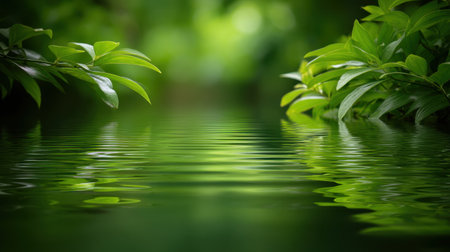A serene image of calm water reflecting vibrant greenery, creating a peaceful scene. The rippling surface adds texture to this tranquil natural landscape, perfect for relaxation.の素材