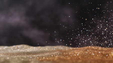 A mesmerizing close-up image showcasing glimmering gold and silver particles suspended in the air, creating a dreamy atmosphere against a dark backdrop. Perfect for artistic themes.の素材