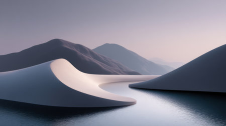 This breathtaking landscape captures graceful curves and gentle hills at dawn, with soft pastel skies reflecting in the calm water, evoking peace and tranquility.の素材