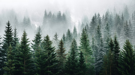 A serene and misty forest landscape showcasing dense evergreen trees enveloped in fog. This captivating scene highlights nature's tranquility and beauty.の素材