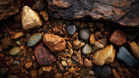 A captivating arrangement of smooth and rough stones creates a mesmerizing display of earthy tones and textures in a natural setting, ideal for nature lovers.の素材