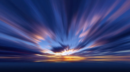 Experience the breathtaking beauty of a dramatic sunrise, featuring vibrant colors and abstract motion blur over a calm water surface at dusk.の素材